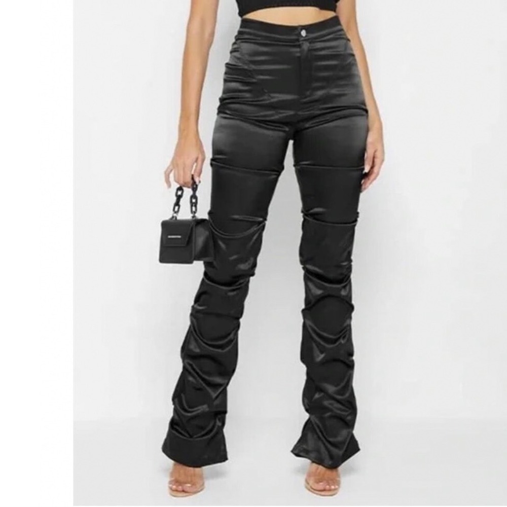 Maniere De Voir Tacked Satin Fit Flare Pants US 6 Black Ruched Stretch